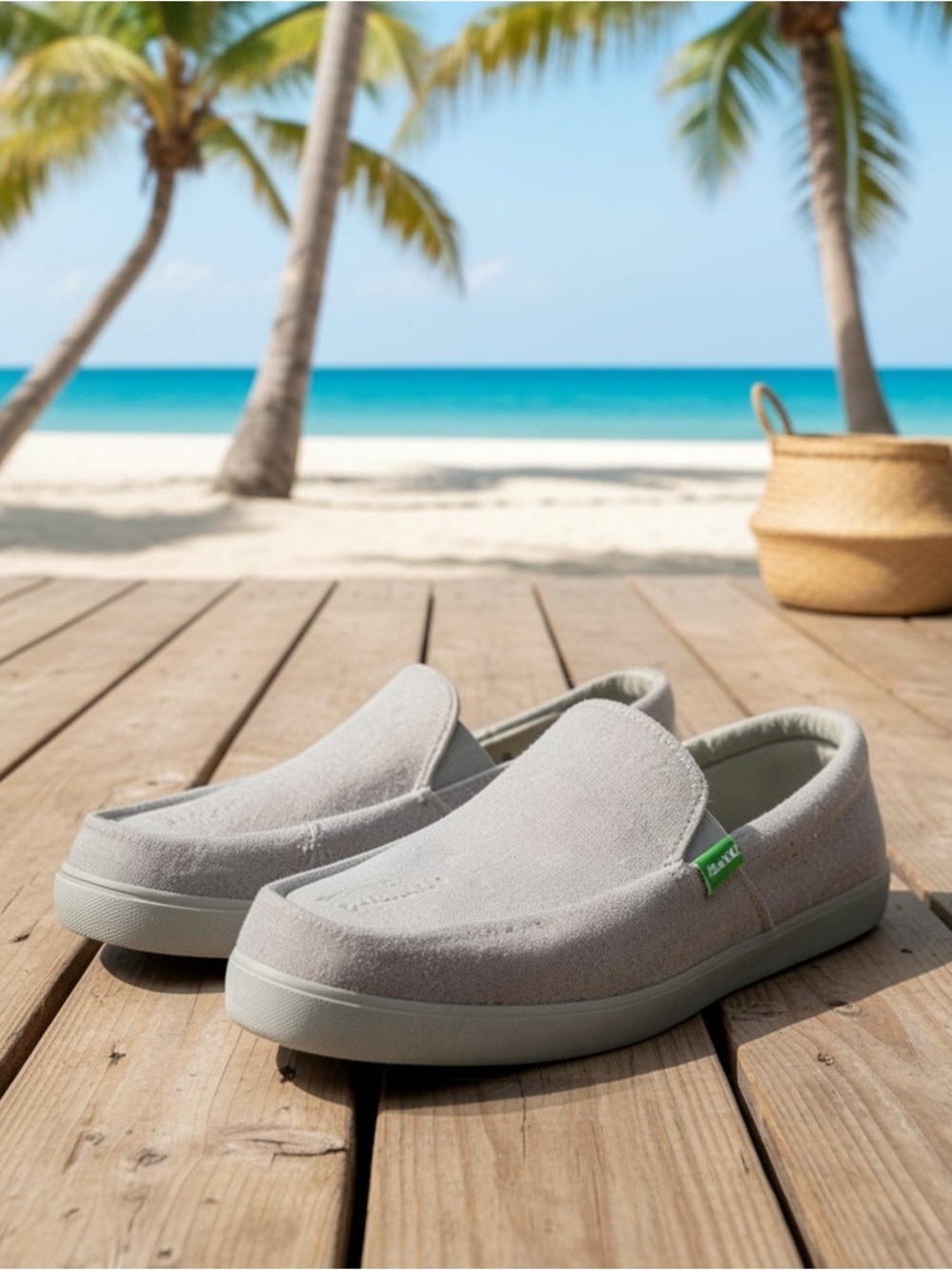 Sanuk Gray Canvas Slip-On Men Shoes with Green Brand Tab size 8